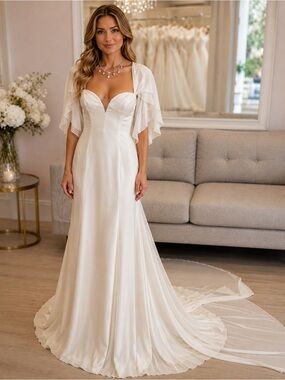 Azazie Ivory Satin A-Line Bridal Dress with Layered Chiffon Jacket